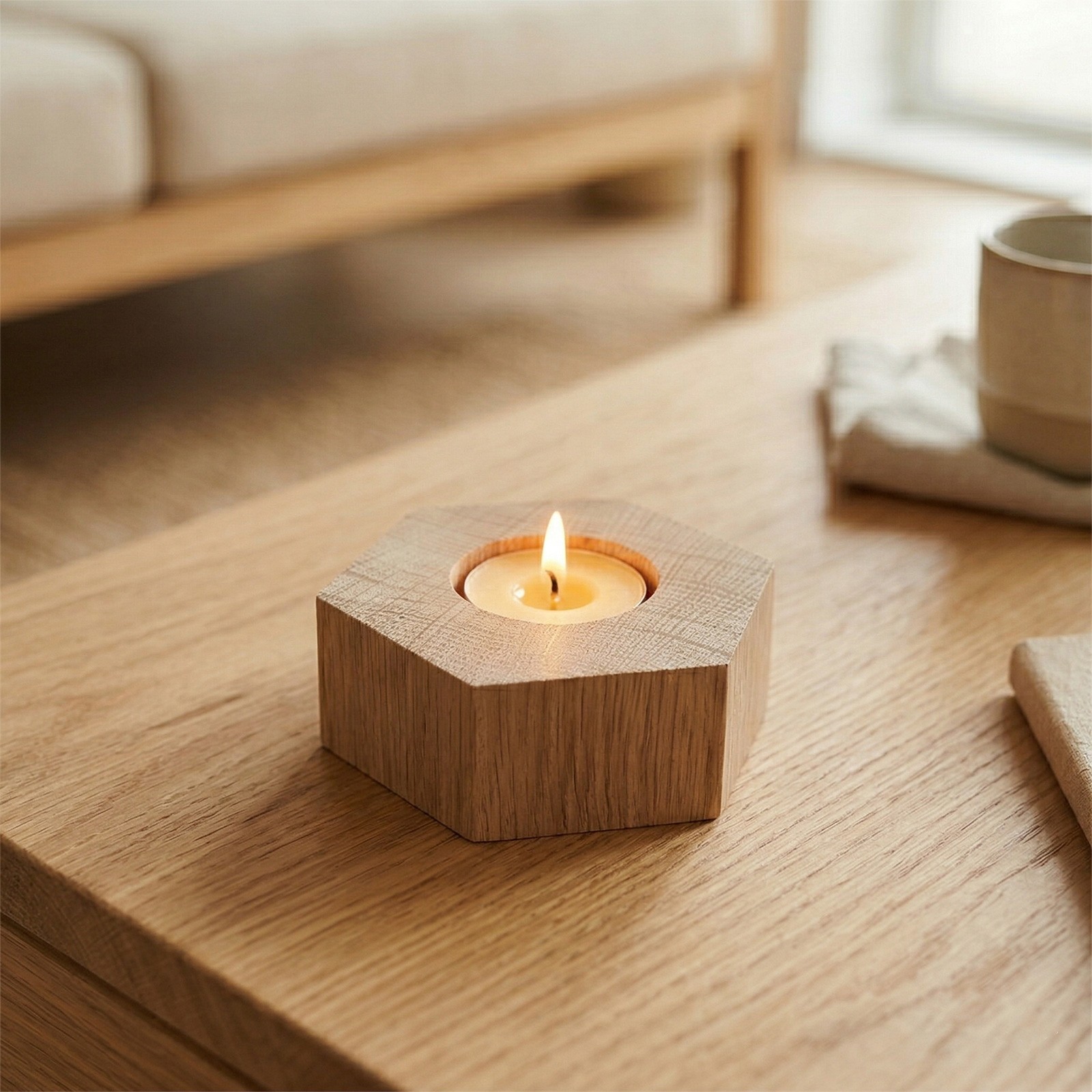 Drewniany Sześcioboczny Świecznik Dąb