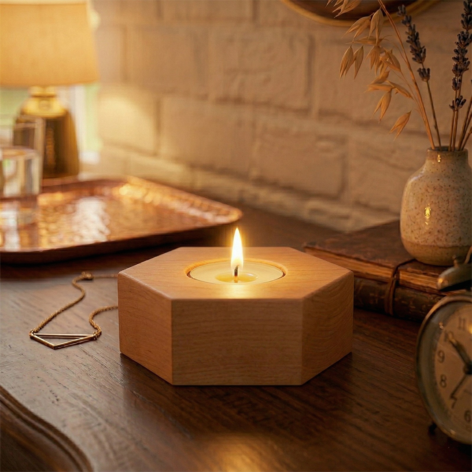 Drewniany Sześcioboczny Świecznik Olcha